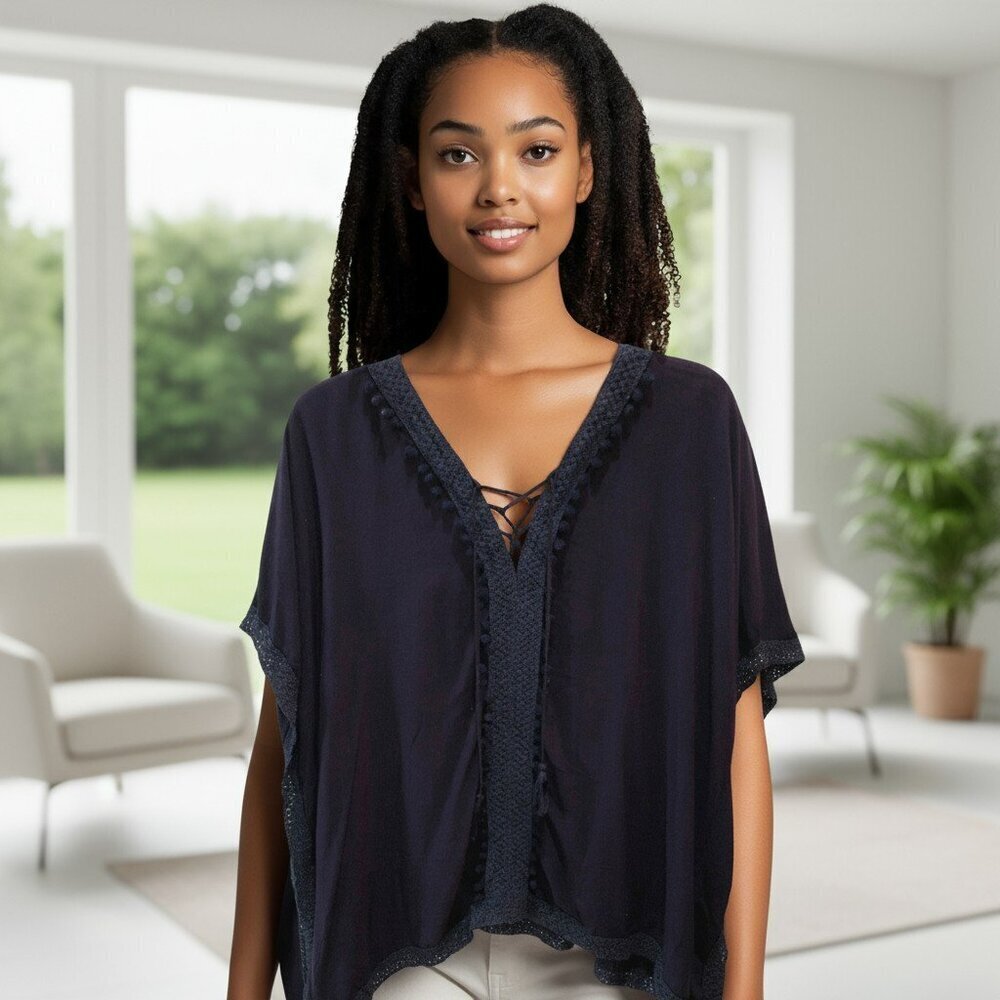 Lulu Womens OSFM Navy Blue Short Sleeve Bohemian Boho Shirt Top Blouse